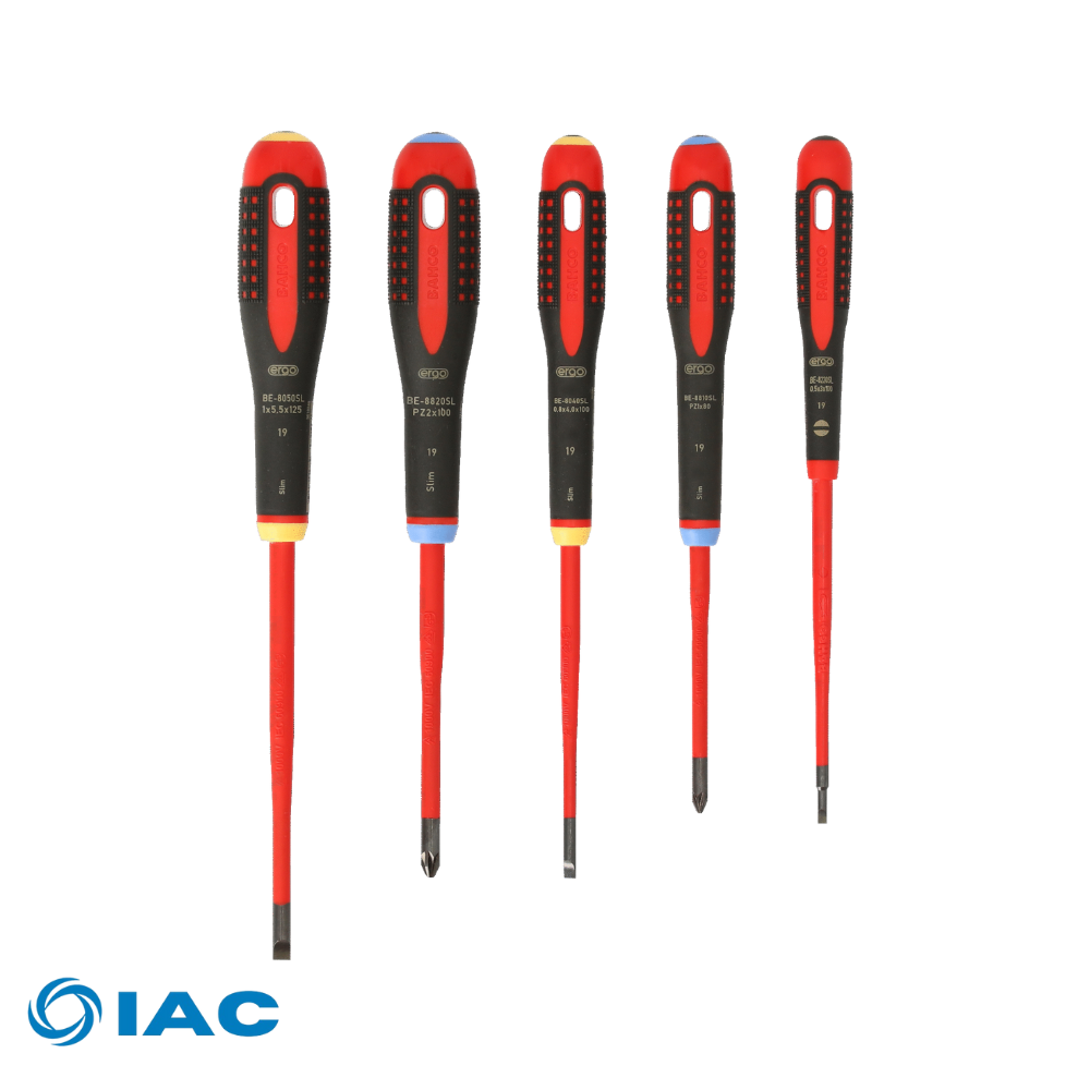 BAHCO BE-9882SL – ERGO™ SLIM VDE INSULATED SLOTTED AND POZIDRIV SCREWDRIVER SET WITH 3-COMPONENT HANDLE – 5 PCS