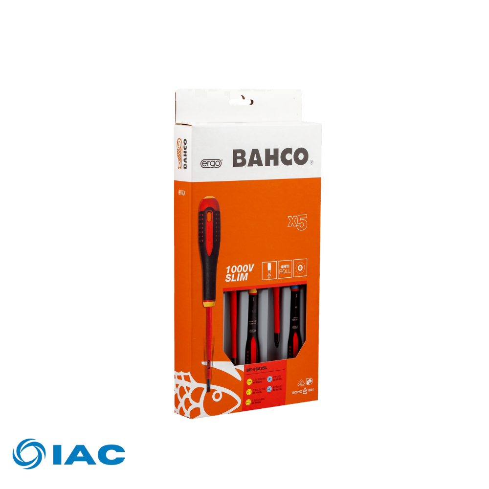 BAHCO BE-9882SL – ERGO™ SLIM VDE INSULATED SLOTTED AND POZIDRIV SCREWDRIVER SET WITH 3-COMPONENT HANDLE – 5 PCS