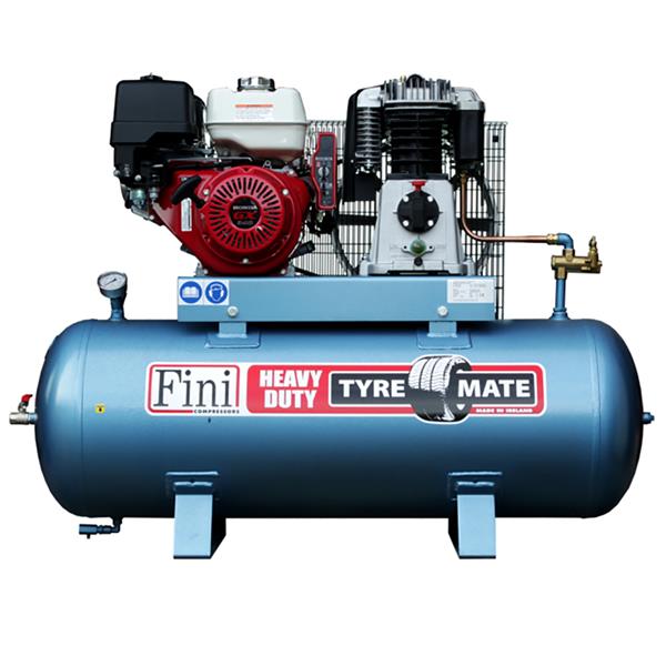 Blue Honda 11Hp petrol compressor with red engine, Fini branding, and 210Ltr tank.