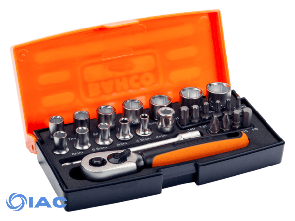 BAHCO – SBSL25 – 1/4″ SQUARE DRIVE SOCKET SET WITH METRIC HEX PROFILE AND SCREWDRIVER BITS/BIT HOLDER – 25 PCS/CASE RETAIL PACK