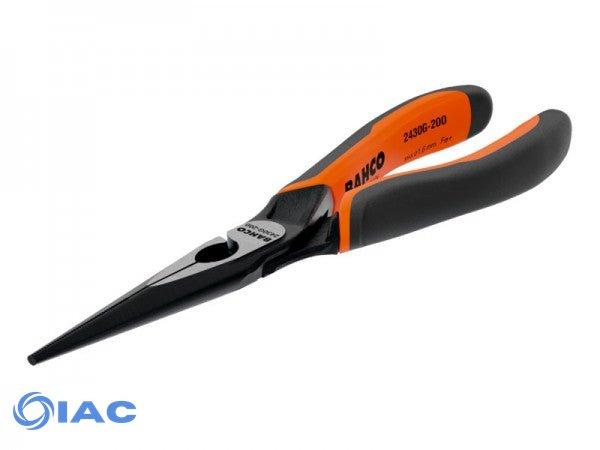 BAHCO 2430G-160 – ERGO™ LONG SNIPE NOSE PLIERS WITH SELF-OPENING DUAL-COMPONENT HANDLES AND PHOSPHATE FINISH (160 MM)