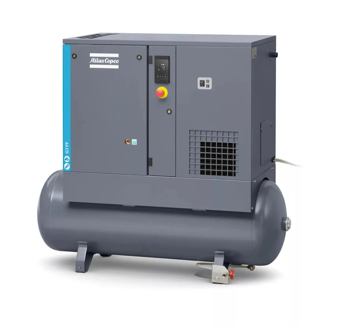 Atlas Copco G7 FF, 7.5kW oil-injected screw compressor with integrated dryer, receiver mounted.